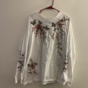 Johnny Was White Floral Embroidered Long Sleeve Tee